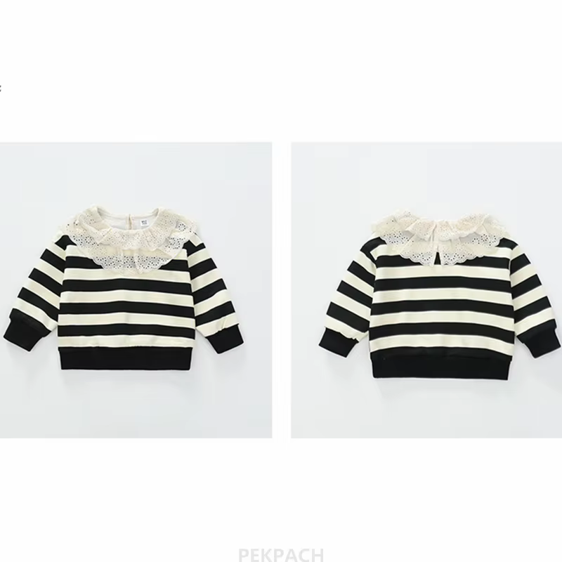 Sweat-shirt élégant à rayures noires et blanches pour enfants de 2 à 9 ans, avec col en dentelle, tenue pour nourrissons filles, vêtements de printemps et d'automne en coton