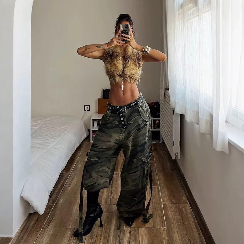 Dégradé moelleux gilet femmes licou dos nu sans manches débardeurs hauts Sexy haut en peluche Hottie Hip-Hop Sweetwear