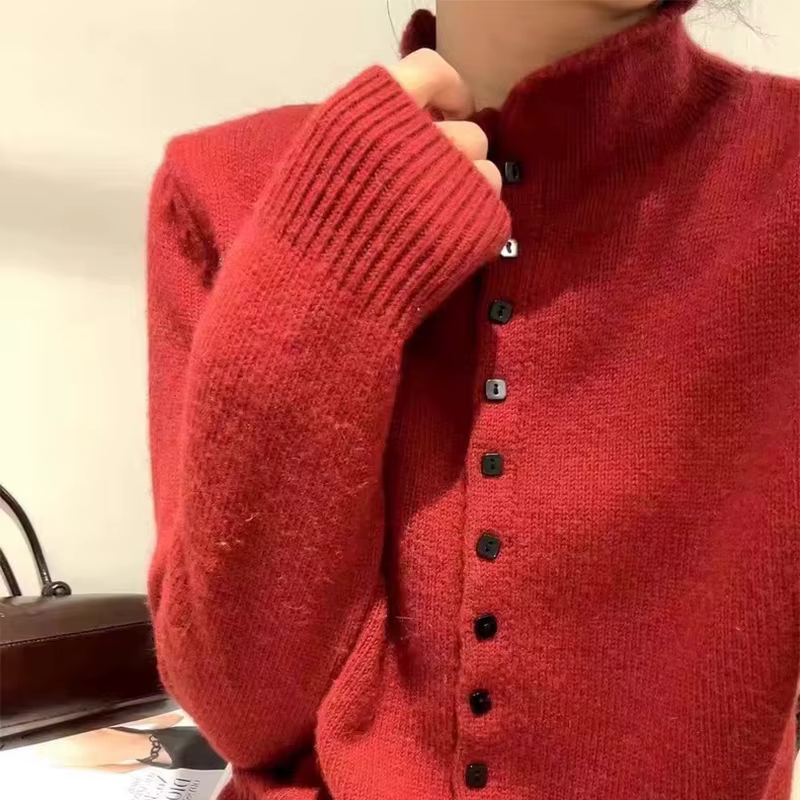 Cardigan boutonné élégant pour femmes, pull tricoté doux, mode coréenne, col roulé, automne hiver