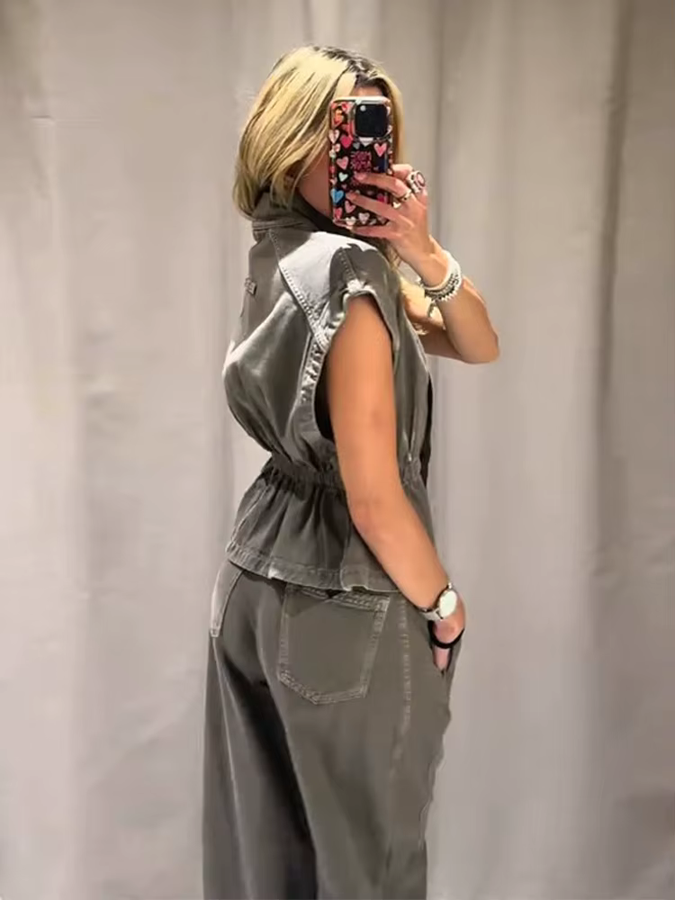 Ensembles de pantalons pour femmes en denim, avec gilet sans manches à col roulé et pantalon large taille haute, tenues chics pour femme, nouveauté pour les soirées