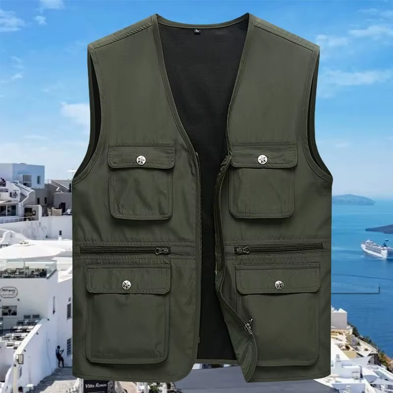 Gilet de pêche d'extérieur pour homme, léger, col en V, avec poches zippées, coupe ample, en tissu polyester, idéal pour la pêche et la photographie