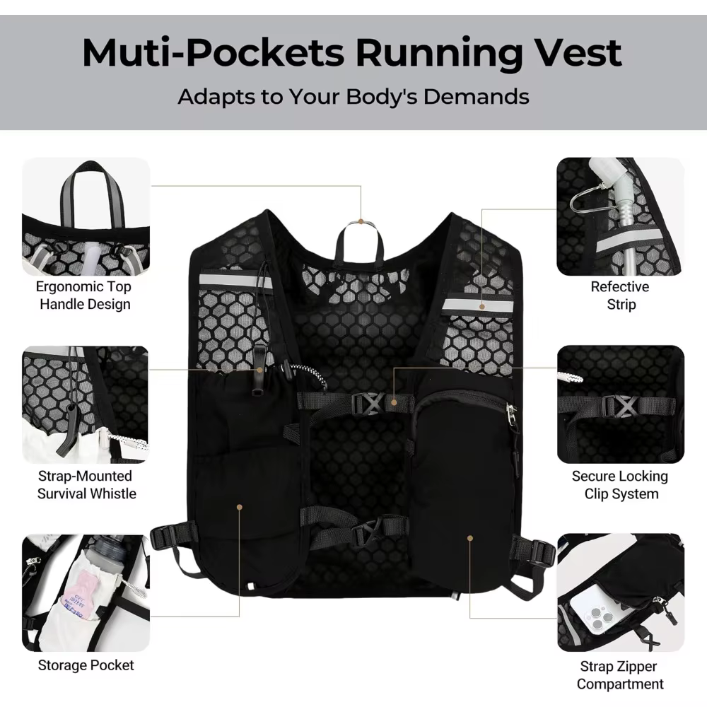 Gilet d'hydratation pour la course à pied, compatible avec un sac à dos de randonnée, gilet de sécurité réfléchissant, équipement léger et ajustable pour le marathon et la course sur sentier