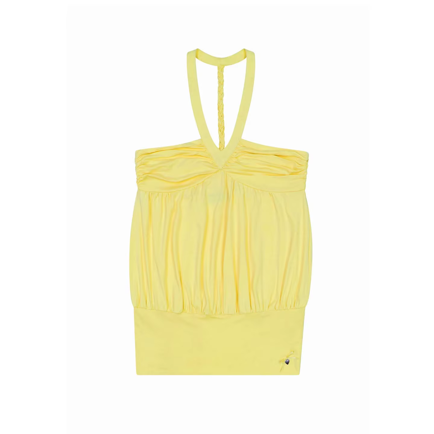 Haut jaune Niihai à col halter avec design plissé en V et gilet dos nu violet à lacets tressés