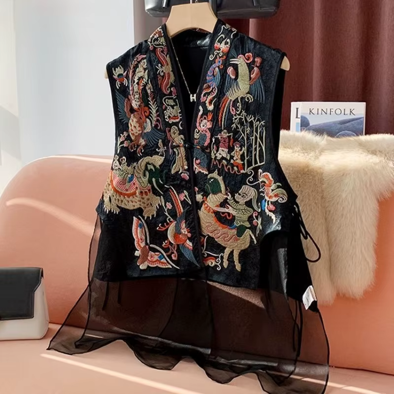 Style chinois femmes gilet manteaux Patchwork gaze broderie