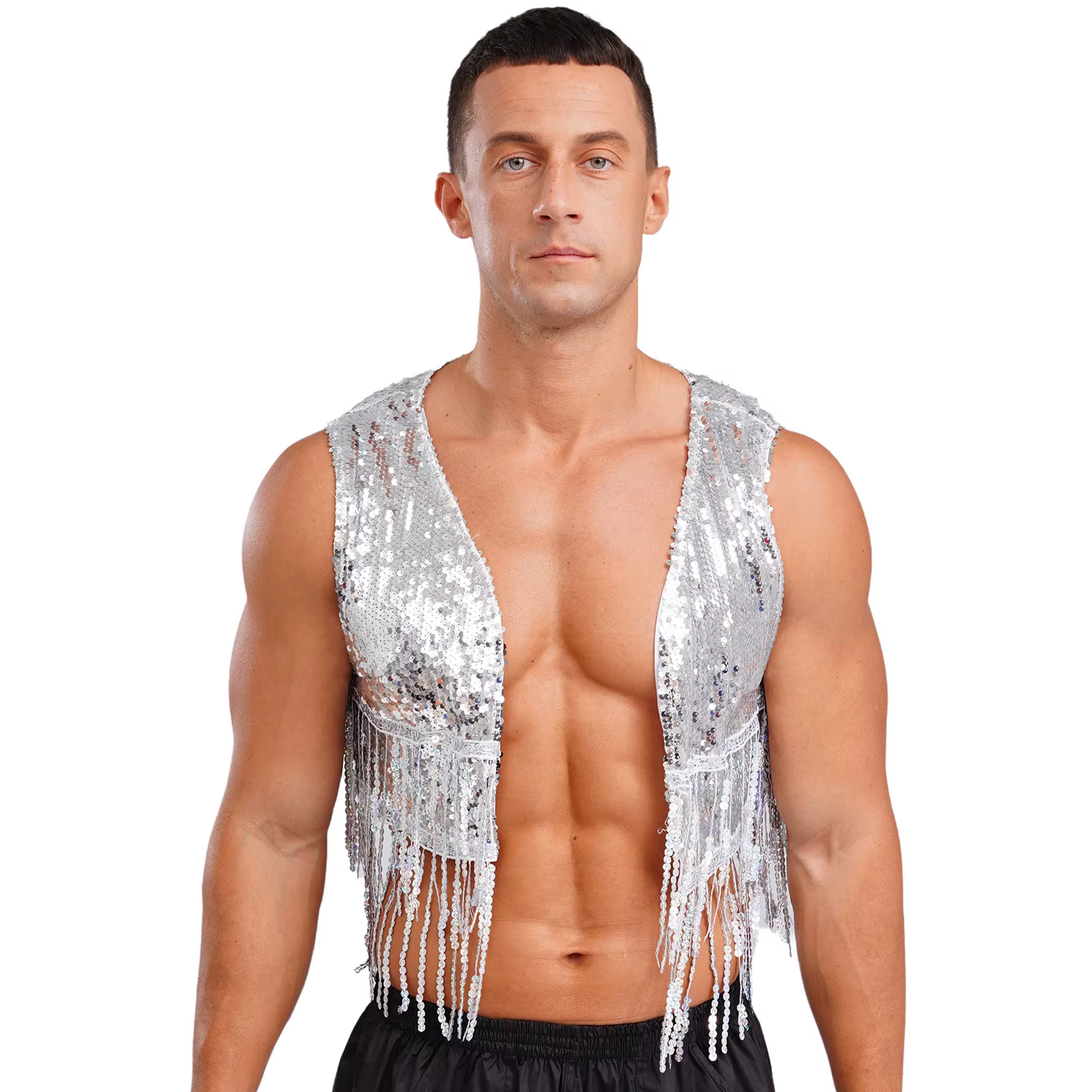 Costume de Cowboy occidental pour hommes, brillant, Vintage des années 70, Costumes Disco, gilet à franges et paillettes, sans manches, ouvert sur le devant, court, Cardigan