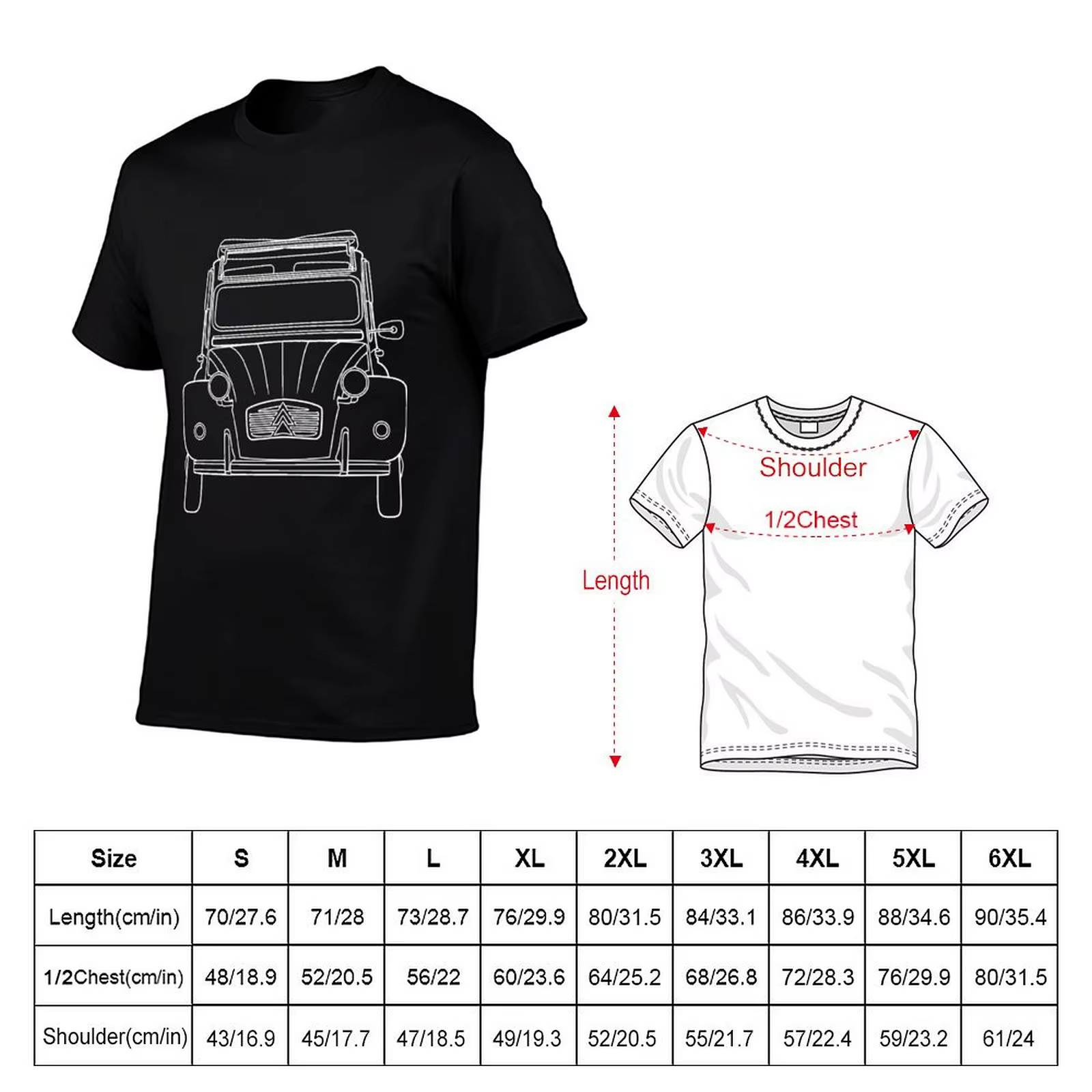 T-shirt vintage avec cristaux et lignes blanches pour homme, graphique et scopique, 2CV