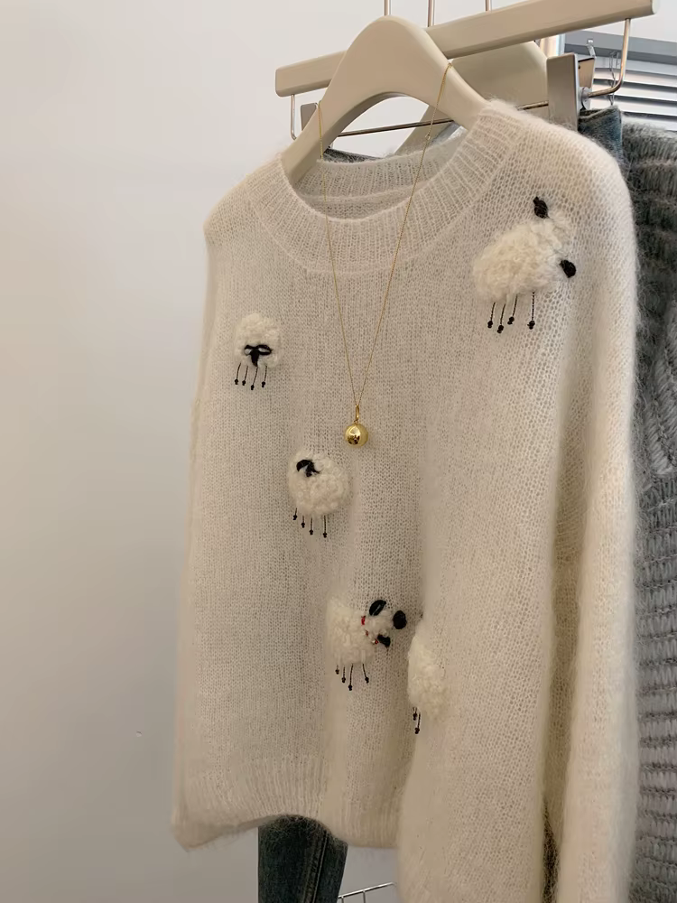 Pull blanc décontracté en mohair et polyester pour femmes, col rond, manches longues, tricot chaud, automne hiver, nouvelle collection 2025
