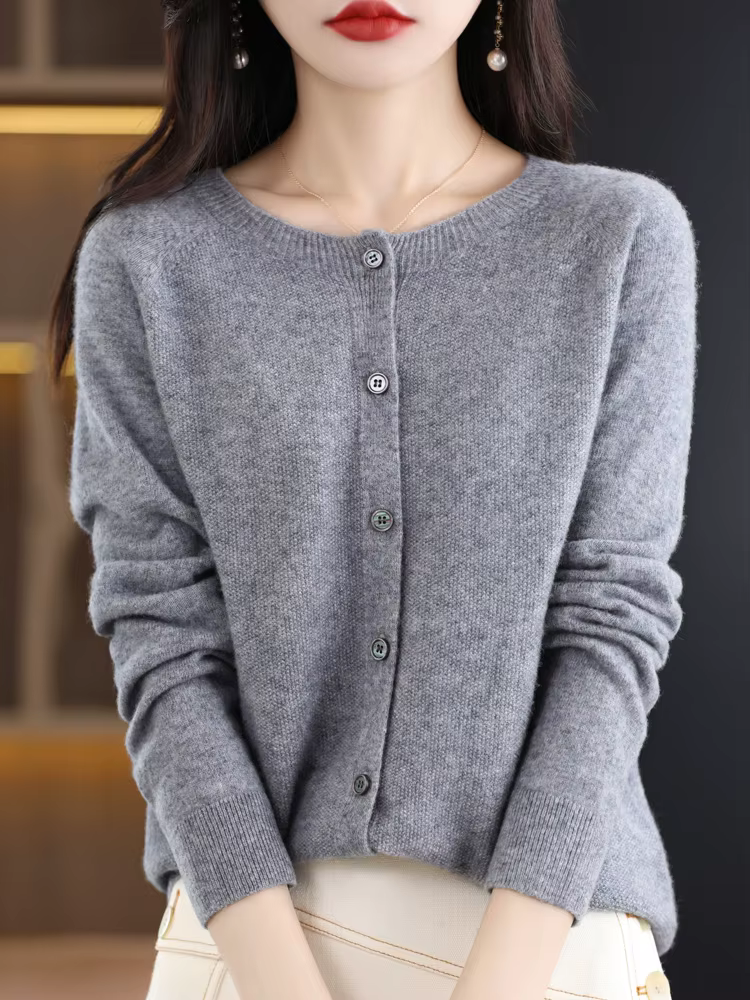 Femmes pull en cachemire 100% laine mérinos tricoté Cardigan automne hiver tricots col rond femme couleur unie décontracté haut tendance