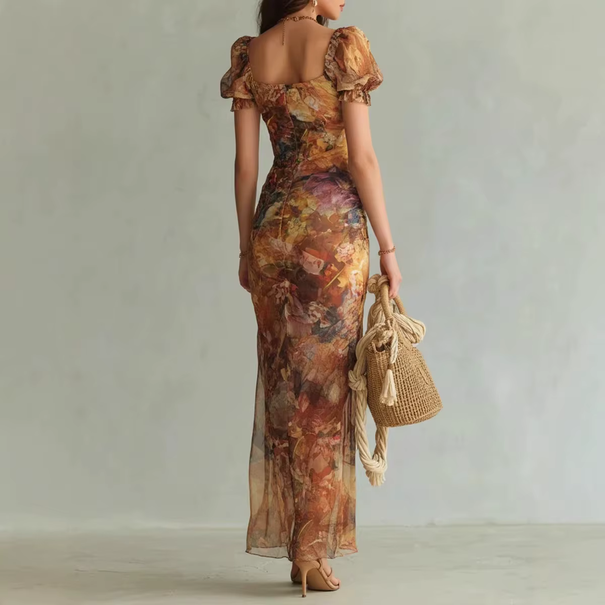 Robe d'été pour femme à col carré, imprimé bohème tendance, taille fendue, dentelle, manches courtes, nouvelle collection, polyvalente et élégante