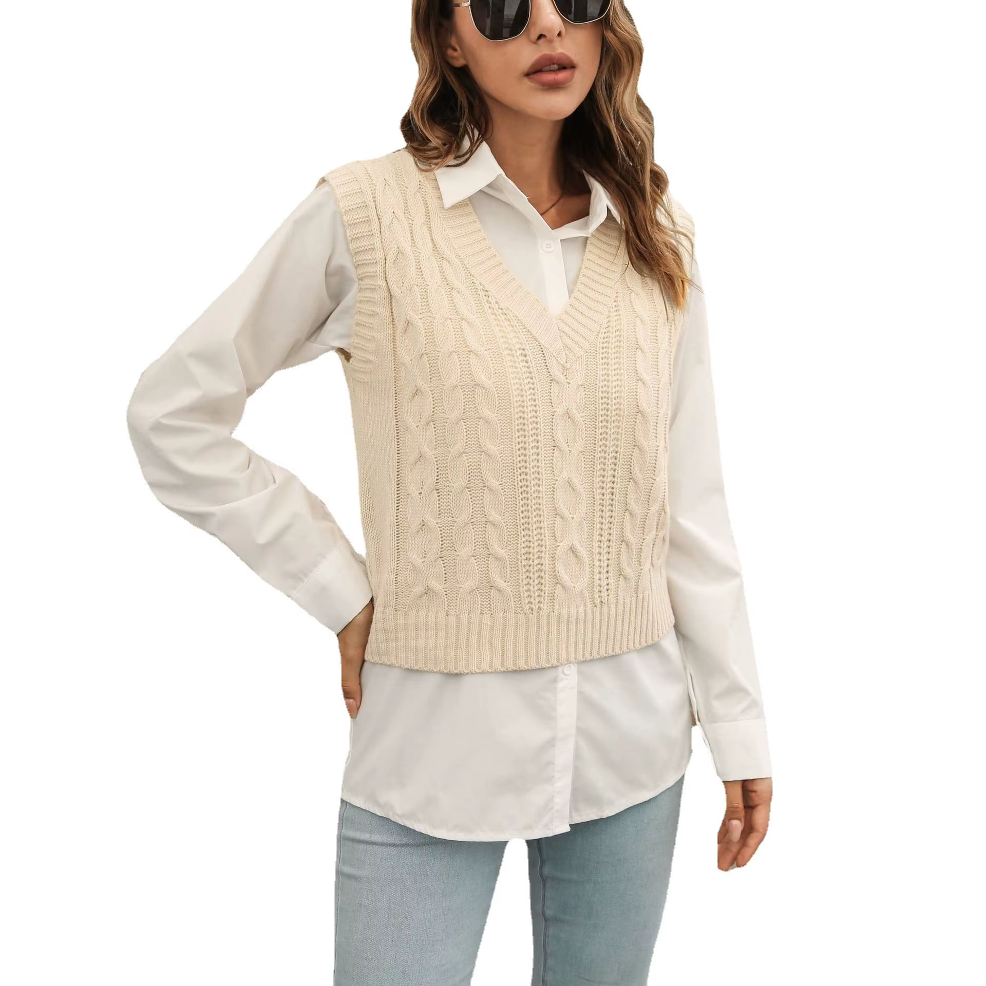 Gilet pull femme col en V en tricot beige