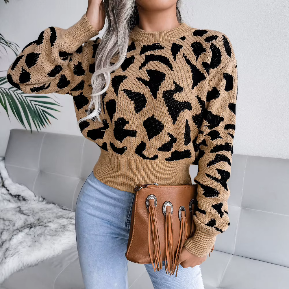 Pull tricoté décontracté à col rond et manches longues pour femme