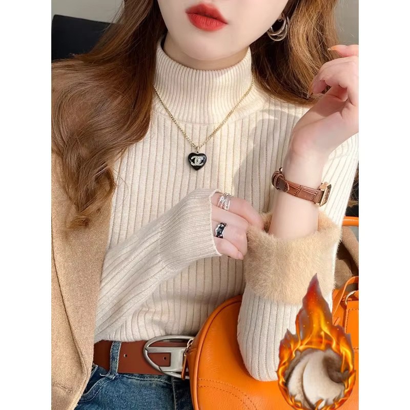 Pull à col roulé rétro pour femmes, en acrylique et coton, doublure en velours, pour automne-hiver, confort et élégance
