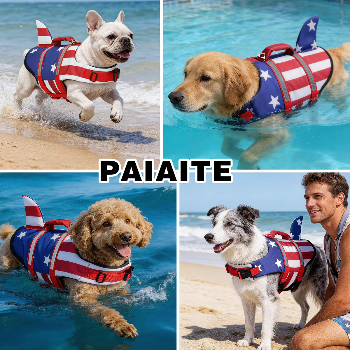 Gilet de sauvetage pour chien Shark US Flag, gilet de natation réfléchissant avec poignée de sauvetage, flottabilité élevée réglable pour chiens de petite, moyenne et grande taille