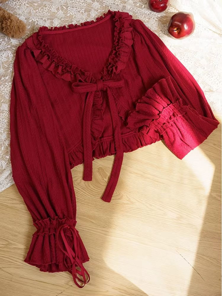 Kawaii Lolita Cardigan femmes japonais doux volants col en V culture hauts décontracté mignon nœud à manches longues tricoté manteau femme printemps nouveau