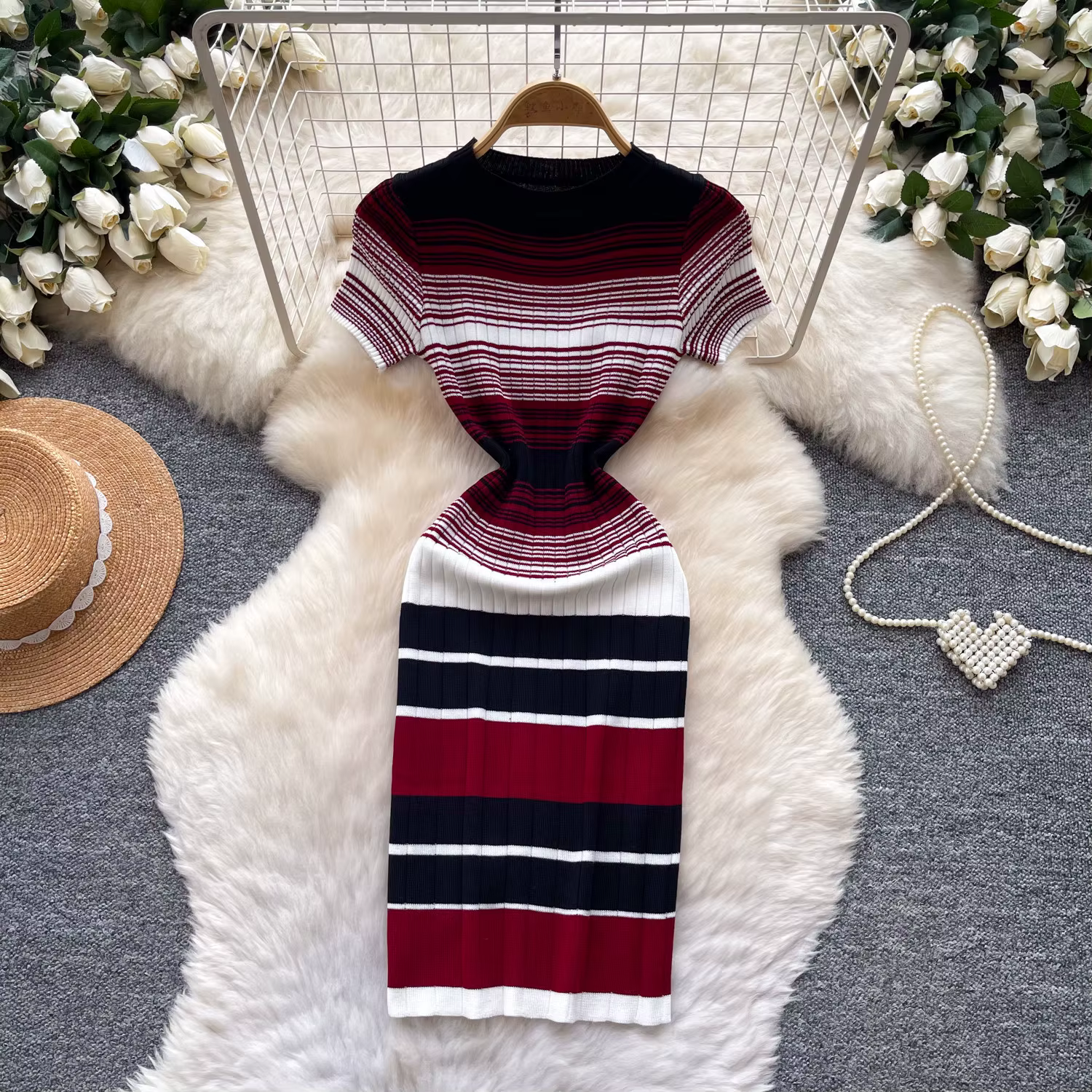 Robe longue femme en maille, style Y2K streetwear, col rond, manches courtes, rayée, élégante, avec empiècements, pour soirée, nuit, travail 2026