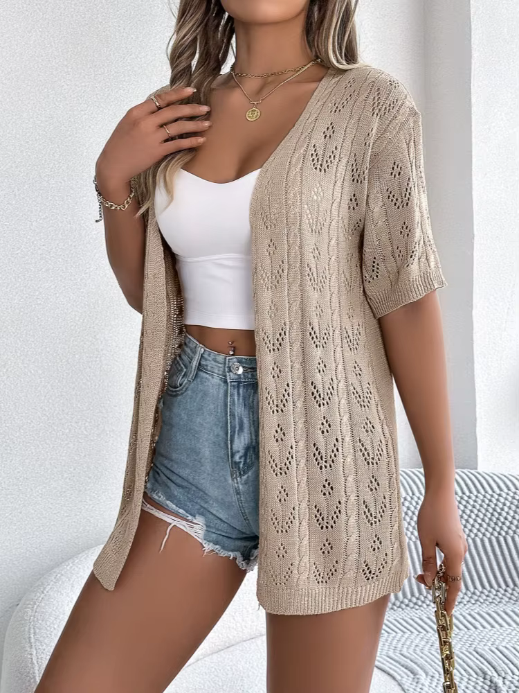 Pull femmes 2025 mode creux à manches courtes tricoté crème solaire mince Cardigan décontracté couleur Pure vêtements d'extérieur respirants hauts