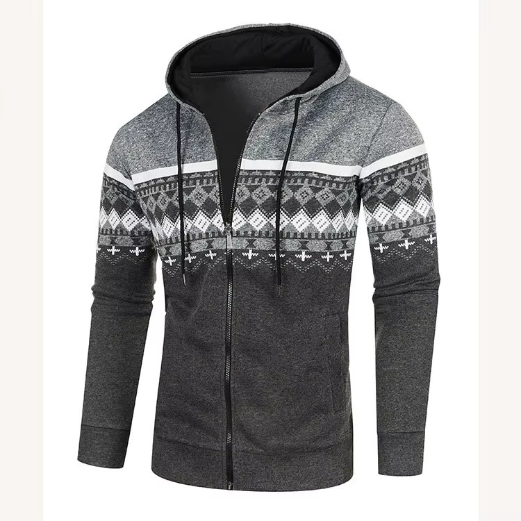 Veste à capuche pour hommes, nouveau Cardigan décontracté, ample, fin, pull en peluche, Style ethnique imprimé, veste Slim tricotée