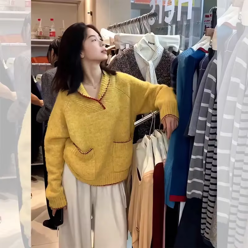 Pull à revers en velours de raton laveur jaune haut de gamme pour femmes en automne et en hiver