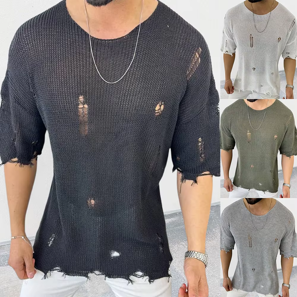 Pull fin à manches courtes et col rond pour hommes, chemise en tricot Amissié, t-shirt décontracté, streetwear masculin, été, 2023