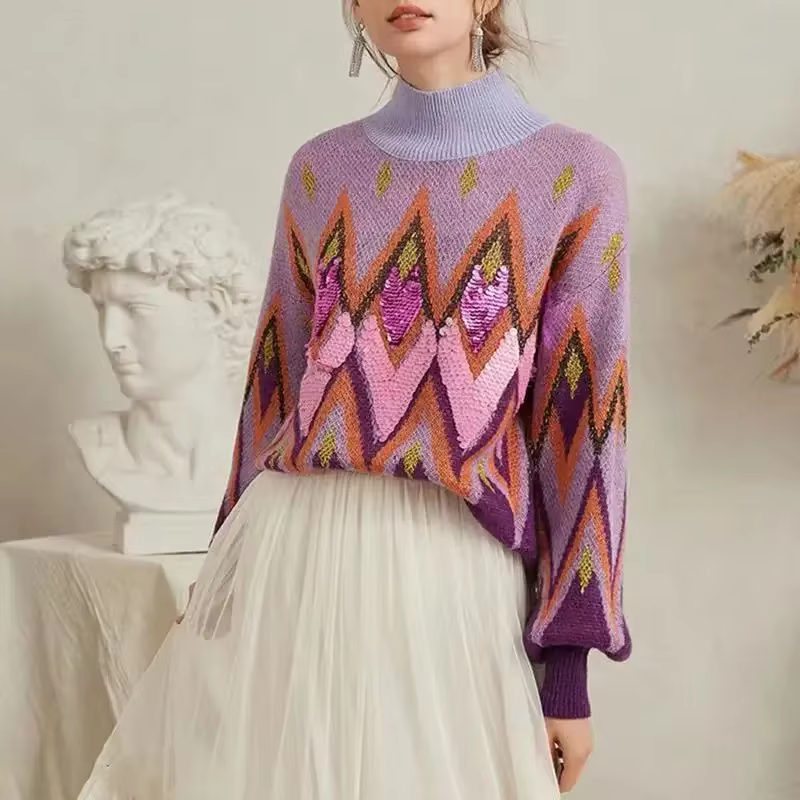 Pull à col roulé brodé à paillettes violettes pour femmes