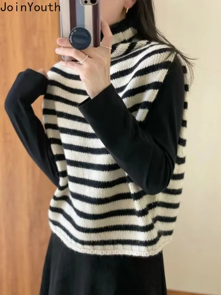 Pull rayé gilet vêtements pour femmes col roulé sans manches