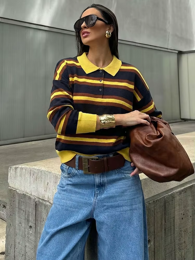 HH femmes tendance décontracté rayé tricoté pull
