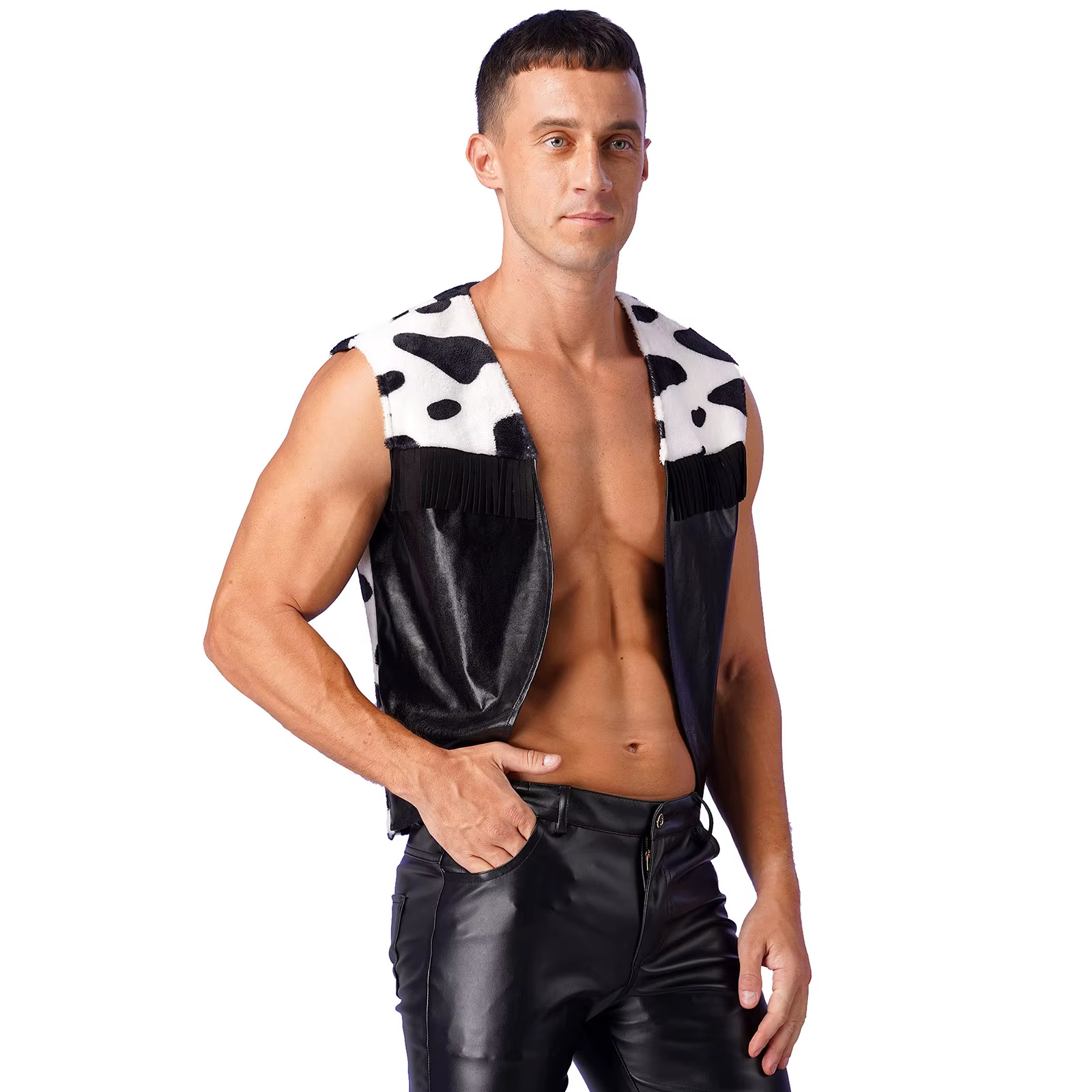 Costume de Cowboy Occidental pour Homme, Cardigan D.lique à Glaçure Imprimée Vache, Ouvert sur le Devant, Gilet à Pompon, Cosplay d'Halloween, Habillage de ix