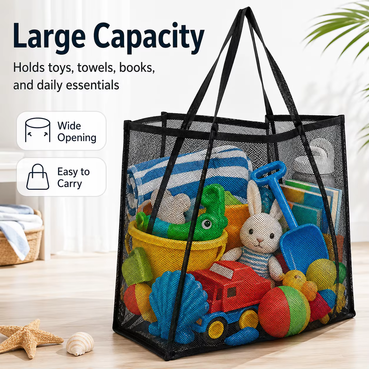 Sac fourre-tout en maille grande capacité, pliable, léger, sac de courses en maille, sac de rangement pour jouets de plage, sac à bandoulière en filet, en nylon durable, 30x24x33cm