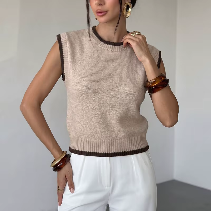 Gilet Pull Sans Manches Col Rond Multicolore Femme Style Coréen Automne Hiver 2026 Polyvalent Occasions Spéciales