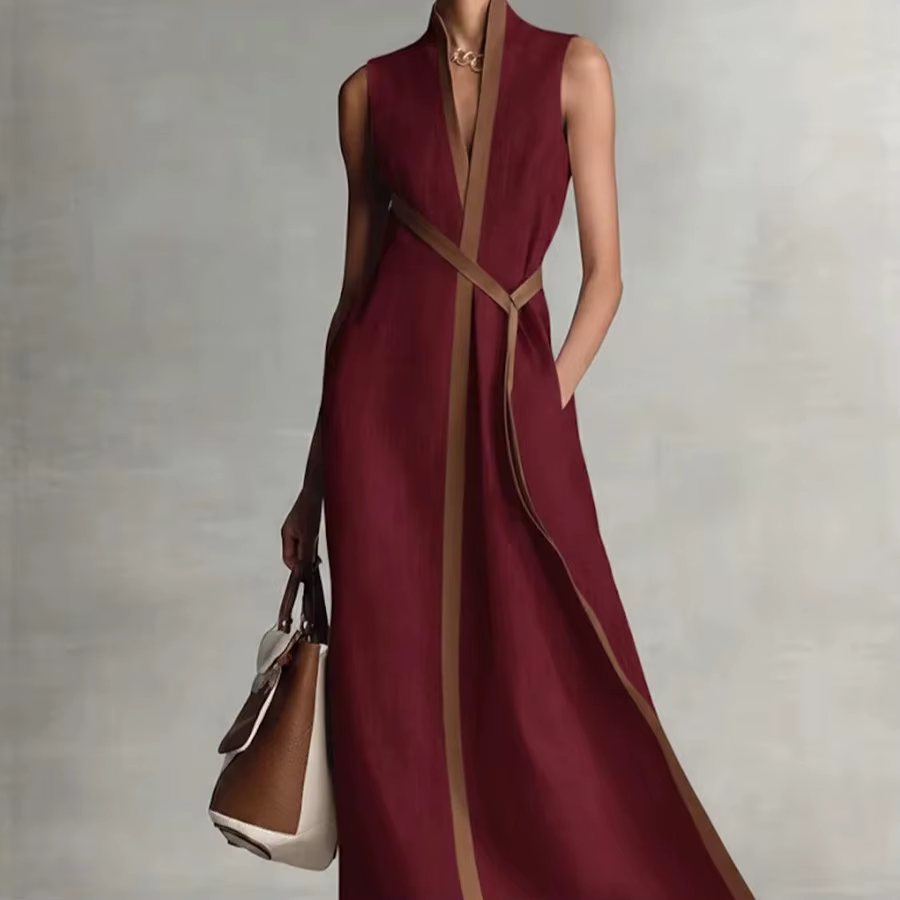 Robe en lin color block pour femme, col montant, sans manches, en coton, tenue longue printemps-été