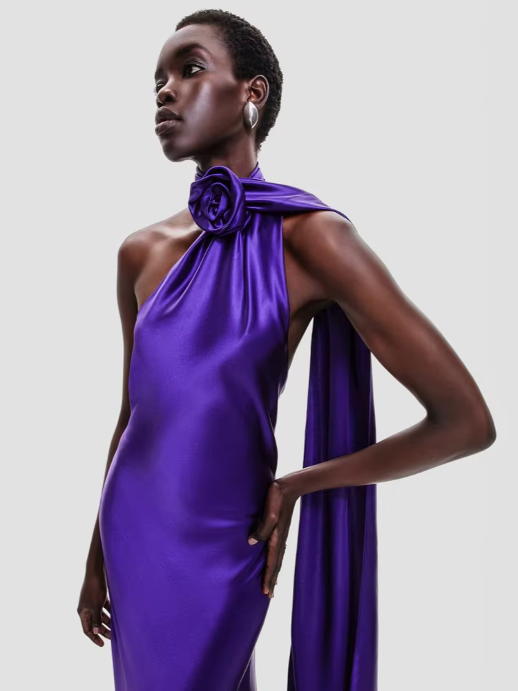 Robe longue dos nu pour femmes, Sexy, col licou, Design floral 3D, violet, sans manches, ruban drapé, Maxi, élégante, soirée