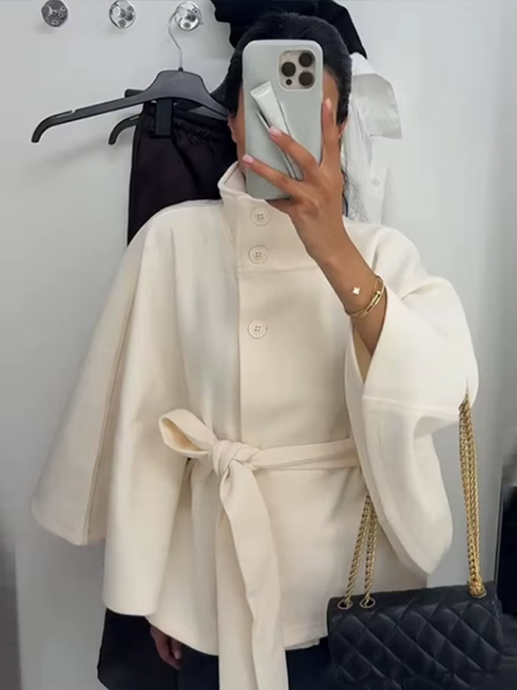 Manteau femme Cape courte manteaux pour femmes ceinture fausse laine et mélanges