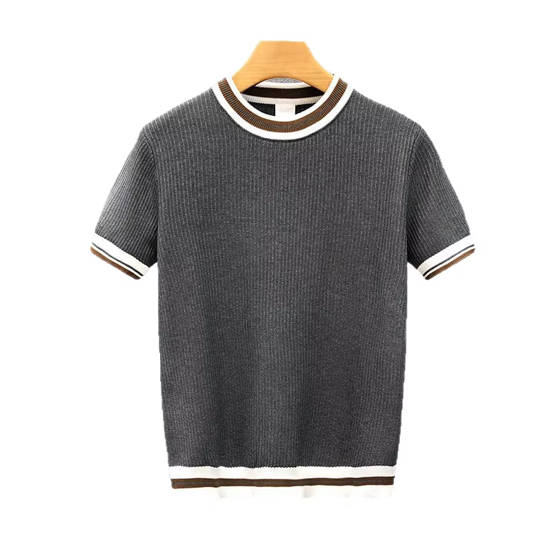 T-shirt léger d'été pour homme, col rond, rayé, manches courtes, pull tricoté, sous-vêtement décontracté, style vintage, poly…