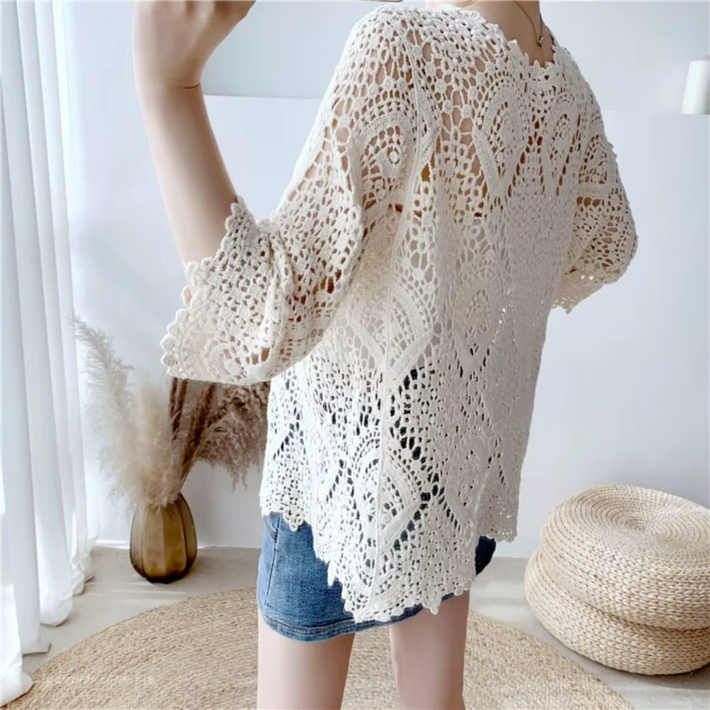 Cardigan en maille tricotée style bohème ajouré à manches 3/4