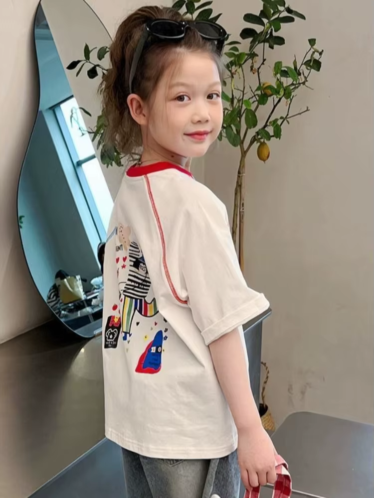T-shirt blanc pour filles, nouvelle collection été 2026, 100 % coton, épaules tombantes, manches courtes, décontracté, pour grandes filles, coupe ample tendance