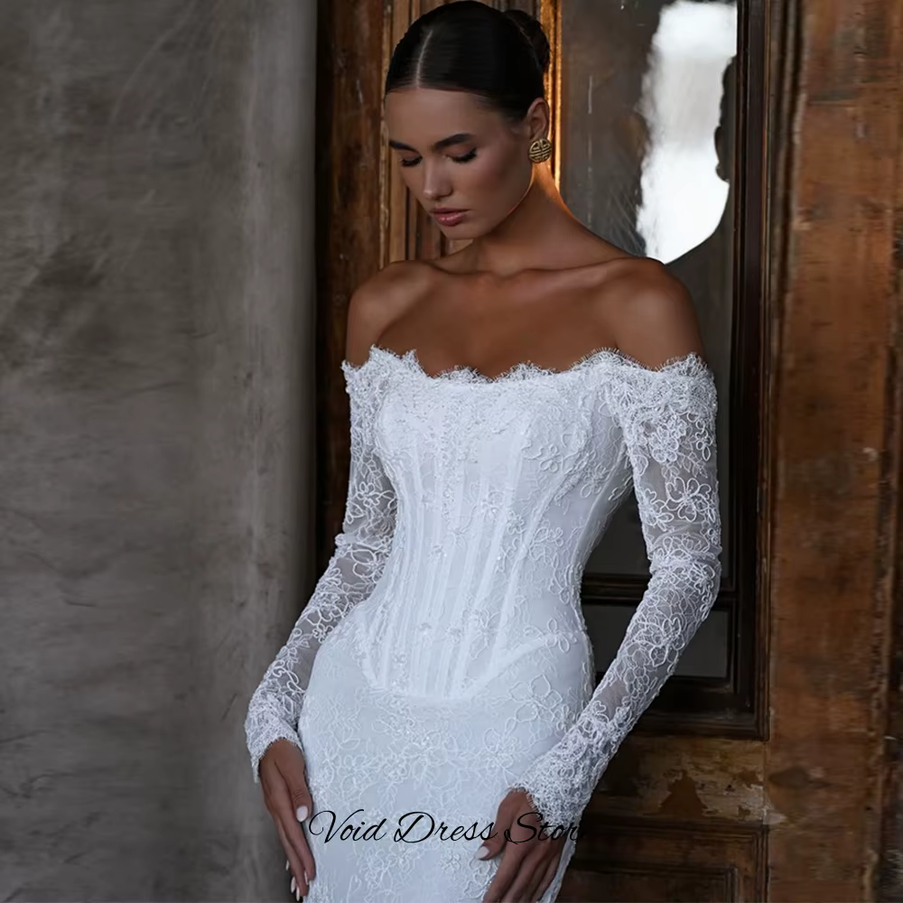 Robe de mariée à manches longues et col bateau, avec appliques en dentelle, robe de mariée sirène personnalisée avec dos à lacets