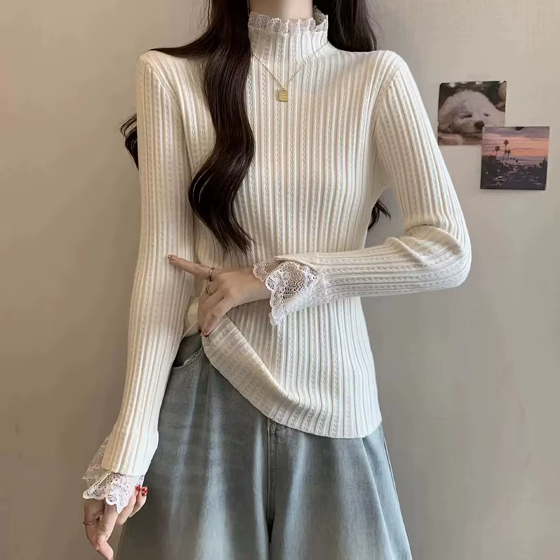 Pull à col roulé à coutures en dentelle pour femmes