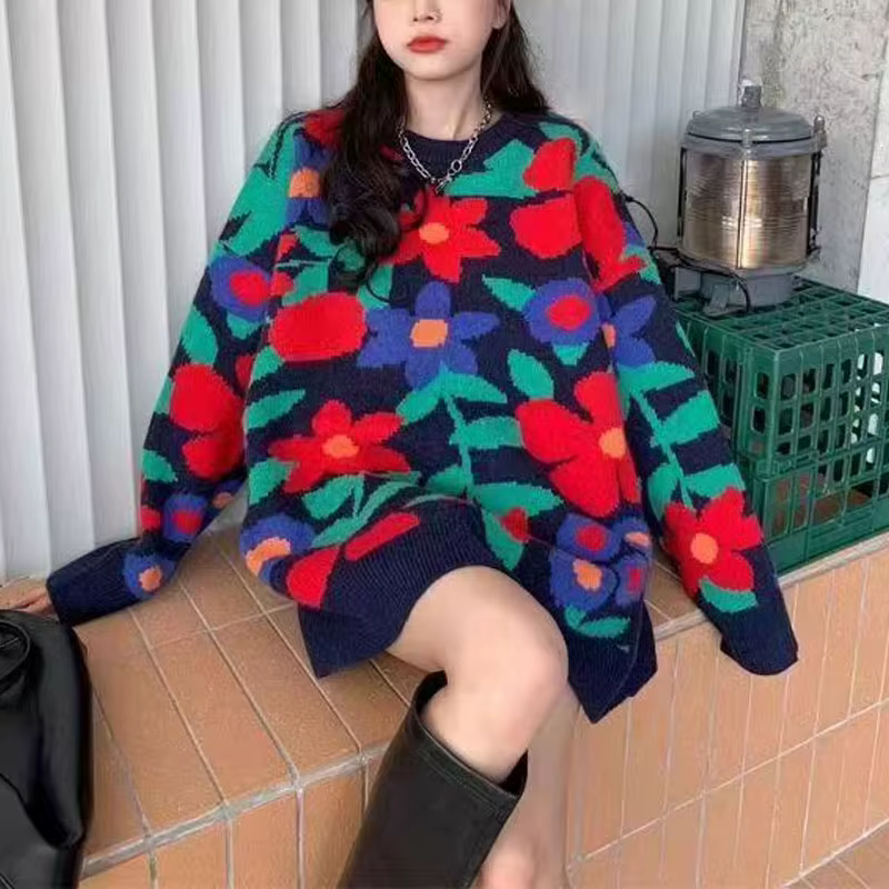 Pulls à manches longues College de fleurs douces pour femmes, pulls épissés à col rond, vêtements d'automne et d'hiver, mode décontractée