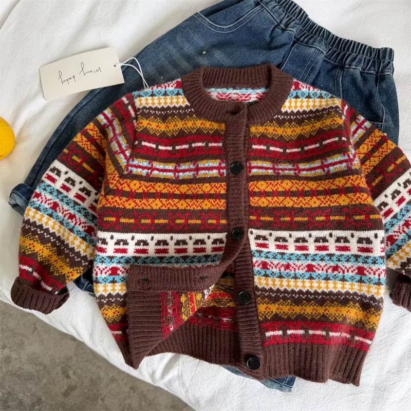 Pull pour enfants 2026 – Nouvelle collection printemps-automne-hiver – Cardigan color block pour garçons et filles – Manteau tricoté rétro pour bébé
