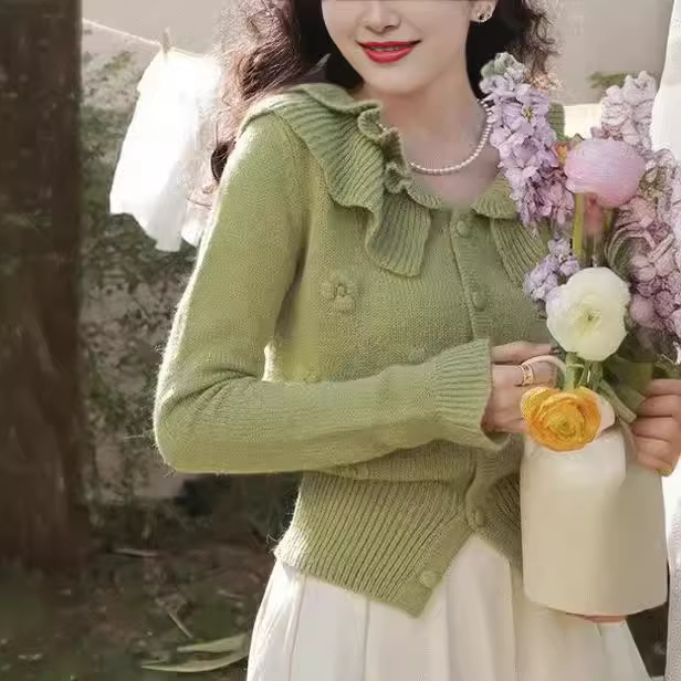 Pull tricoté Vintage à col feuille de Lotus pour femme