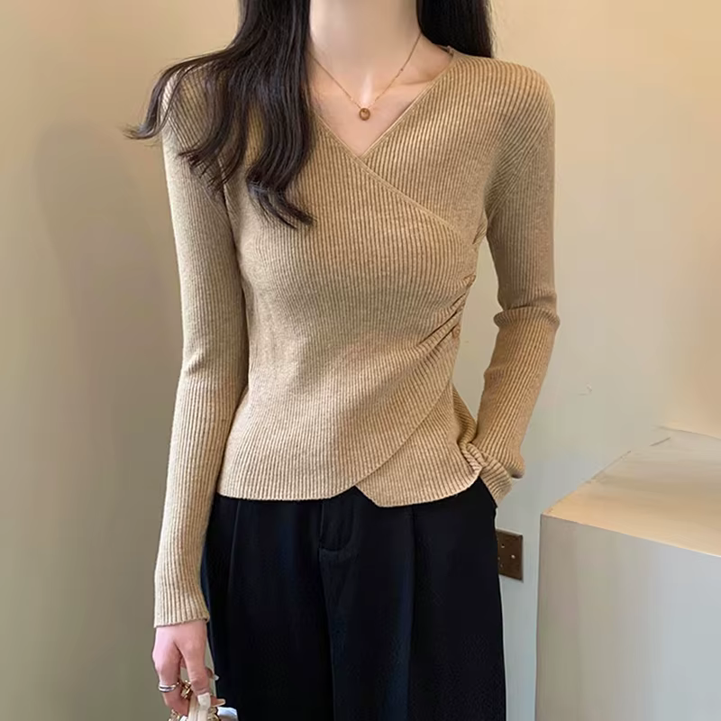 Surplice pull pour femmes pulls en tricot côtelé col en v à manches longues bouton côté plaine