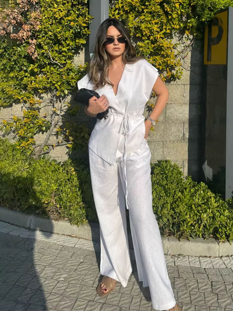 HH femmes pantalon costume solide col en v ceinture décorer gilets minces haut + mode taille haute bouton de fermeture éclair décontracté ample jambe large pantalon