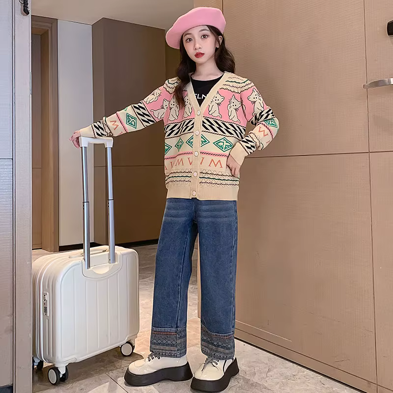 Pull cardigan de dessin animé vintage pour enfants, tricots classiques et rétro, vêtements mignons pour adolescents, mode pour enfants, nouveau, printemps, chat