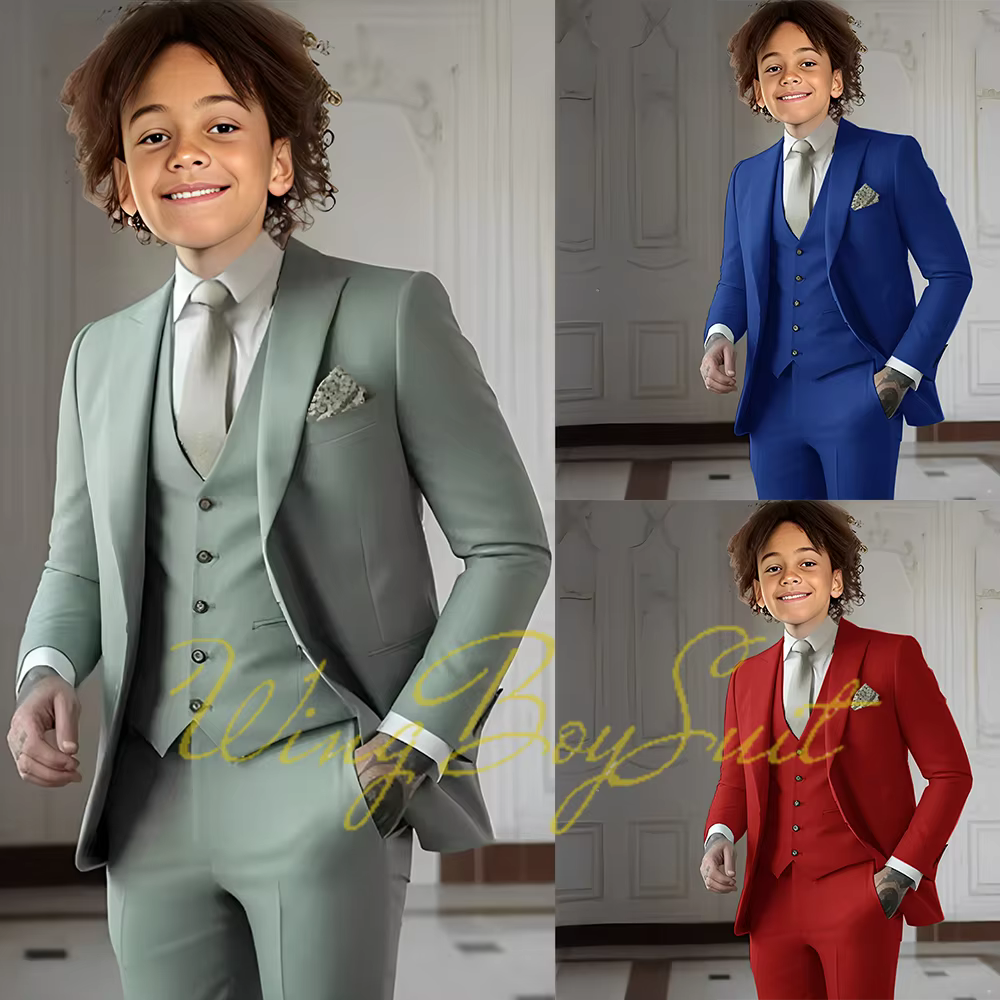 Costume d'été vert clair pour garçons, smoking de mariage pour enfants de 2 à 16 ans, Blazer, pantalon, gilet, costume trois pièces