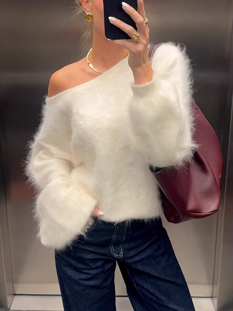 FSMG Fashion Pull court en mohair doux et moelleux pour femme