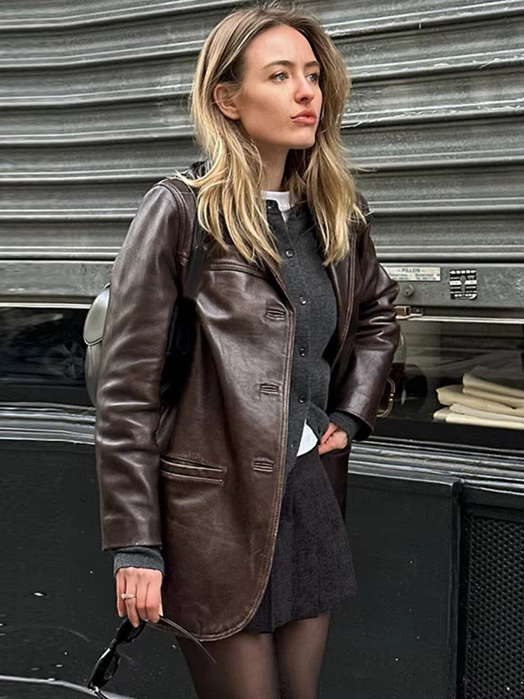 Veste en cuir PU marron vintage pour femme