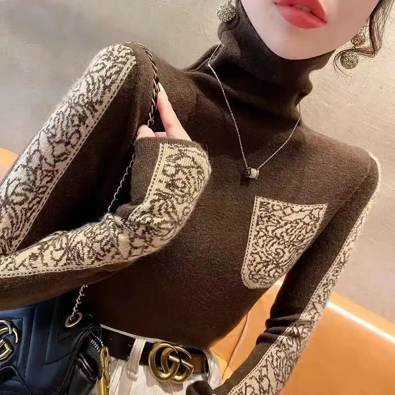 Femmes col roulé couleur bloc tricoté pull nouveau mince mode tout-match Vintage laine pulls décontracté doux tricots
