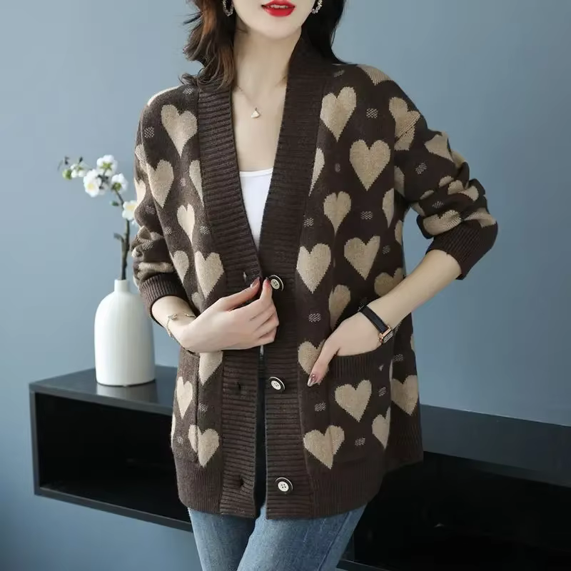 Cardigan femme hiver 2025 vintage patchwork col en V coupe ample polyester acétate automne noir bleu ciel vert armée occassions spéciales