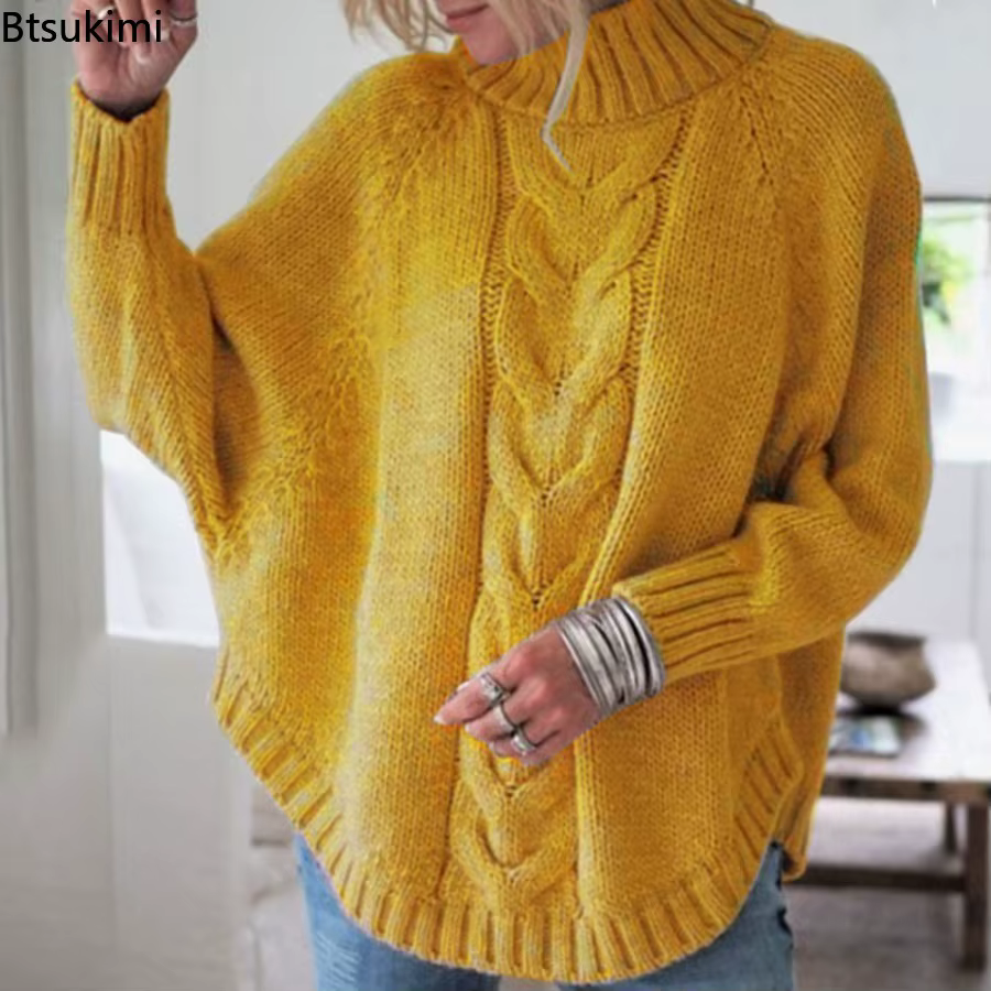 Pull-over col roulé décontracté pour femme 2026 – Basiques tricotés amples à manches chauve-souris pour l'automne et