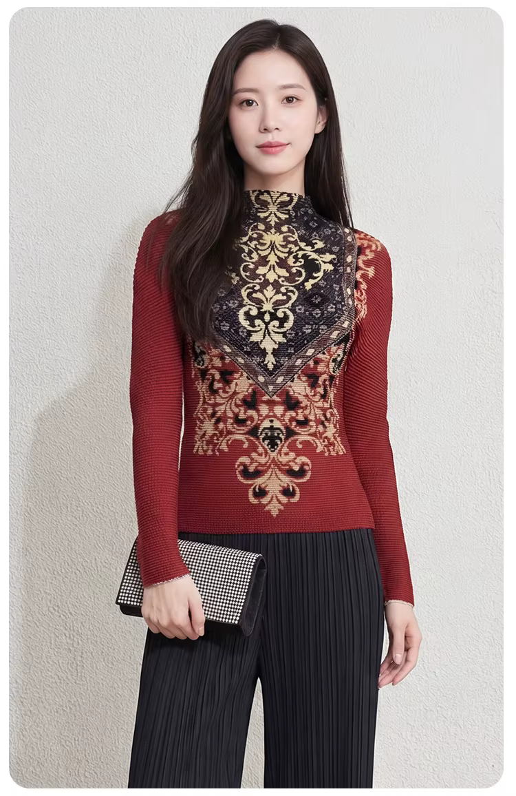 Haut plissé à col roulé imprimé style baroque rétro